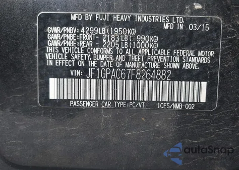 2015 Subaru Impreza 2.0I Premium z USA, uszkodzony, nr VIN JF1GPAC67F8264882